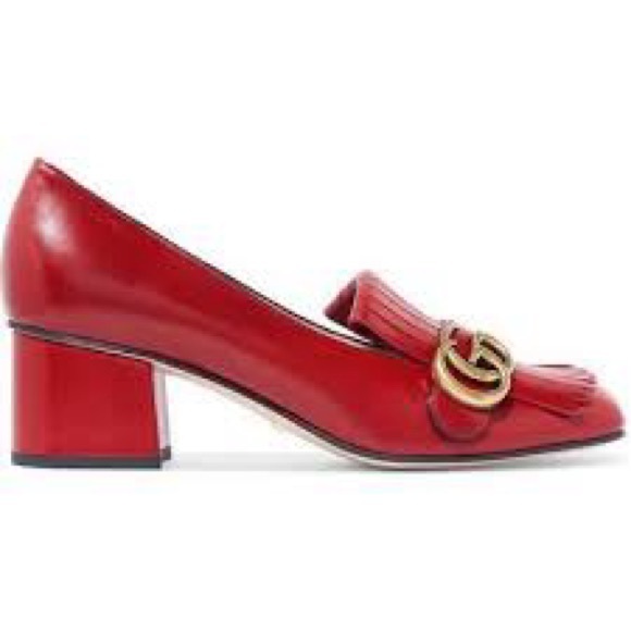 Gucci Marmot Mid-Heel Fringe Loafers in Red - Picture 2 of 14
